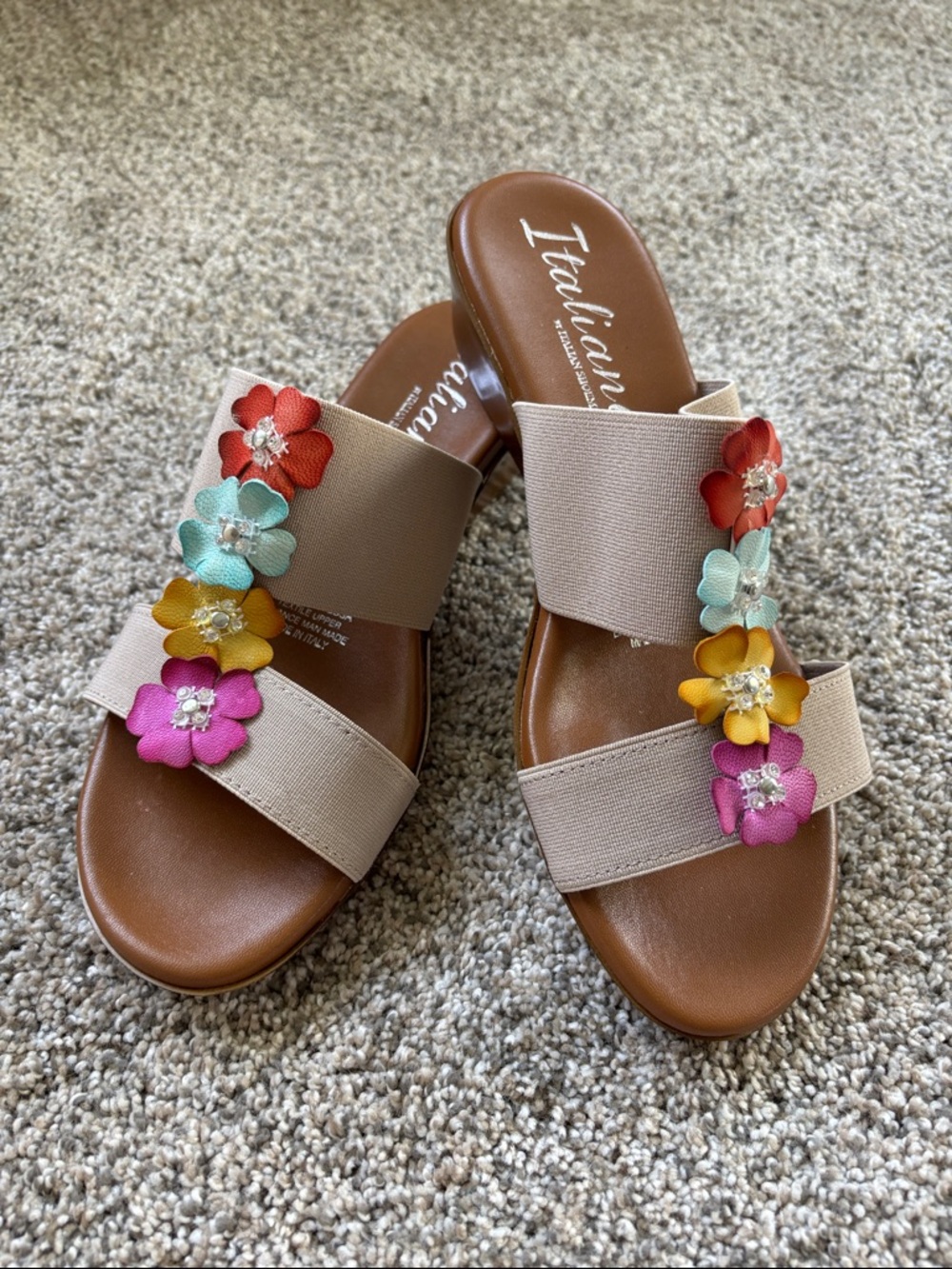 Italina Beige Slide Sandals with Multicolor Floral Embellishments
